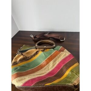 Fossil Patchwork Canvas Leather Handbag Boho Wood Handle Shoulder Bag